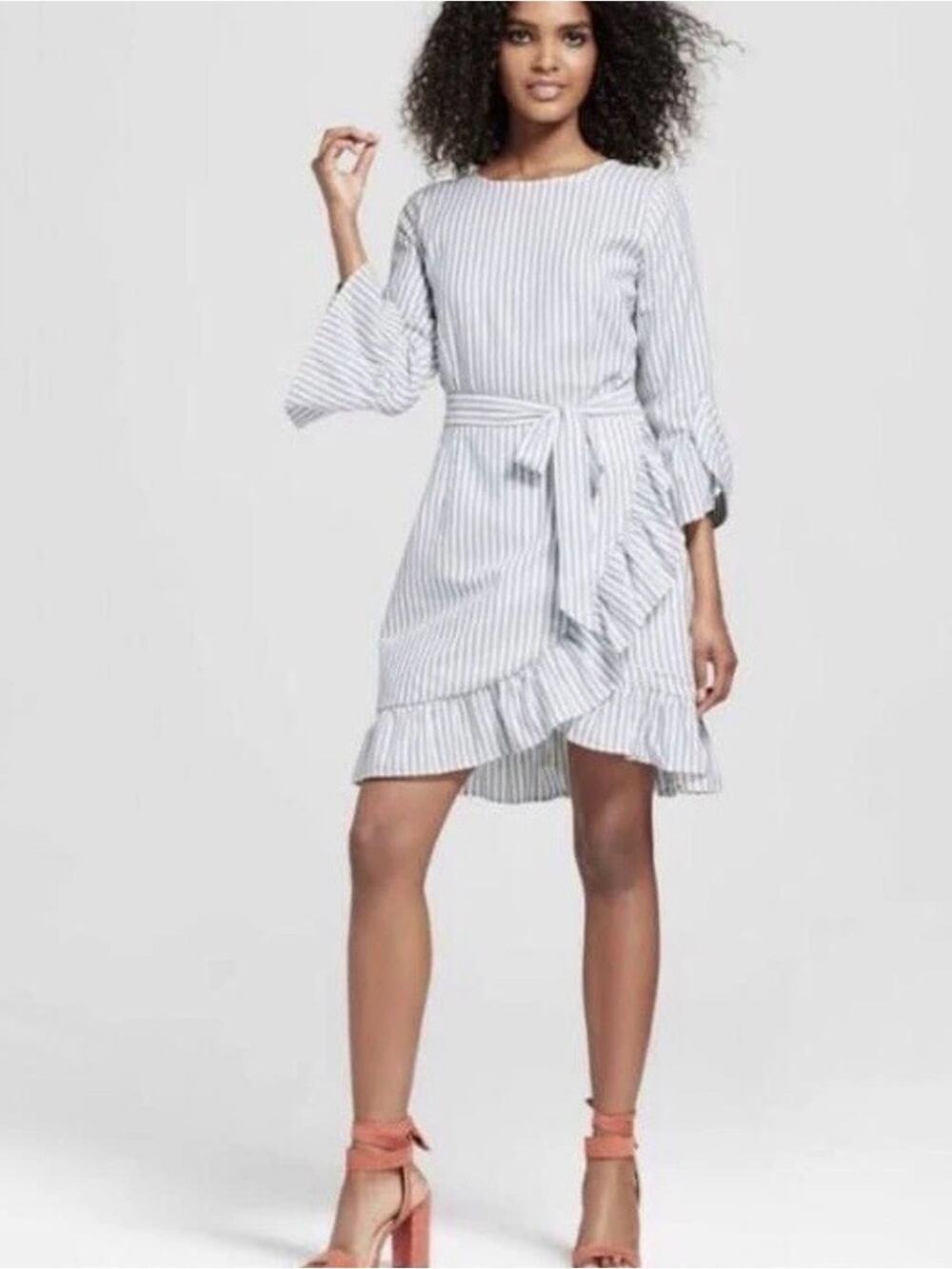 Who What Wear Blue and White Striped Ruffle Tie-Waist Dress